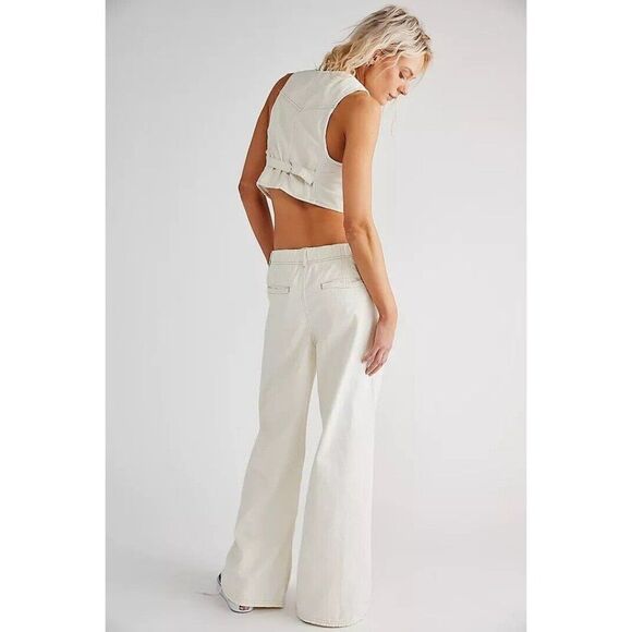 NWT FREE PEOPLE RIDER DENIM VEST SUIT 2 PC CROPPED VESTV& WIDE LEG - Picture 2 of 3